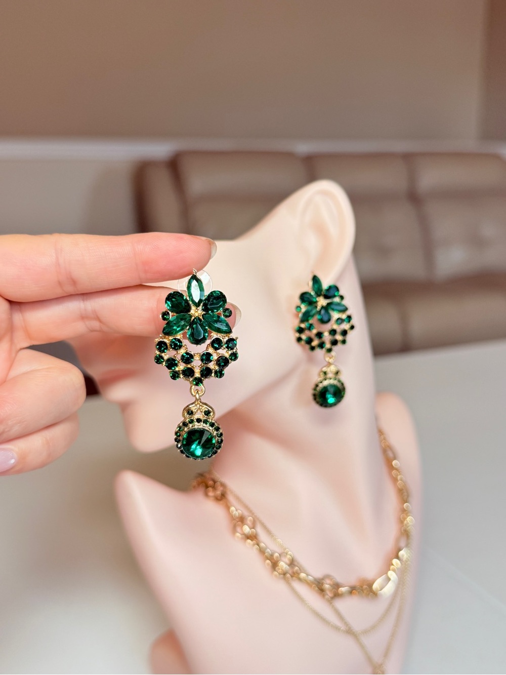 Gold & Green Crystal Floral Drop Earrings - Picture 3 of 10